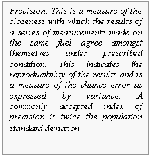 Text Box: Precision: This is a measure of the closeness with which the results of a series of measurements made on the same fuel agree amongst themselves under prescribed condition. This indicates the reproducibility of the results and is a measure of the chance error as expressed by variance. A commonly accepted index of precision is twice the population standard deviation.